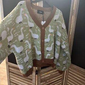 Cider Green Goose Print V-Neck Button Cardigan with Brown Trim